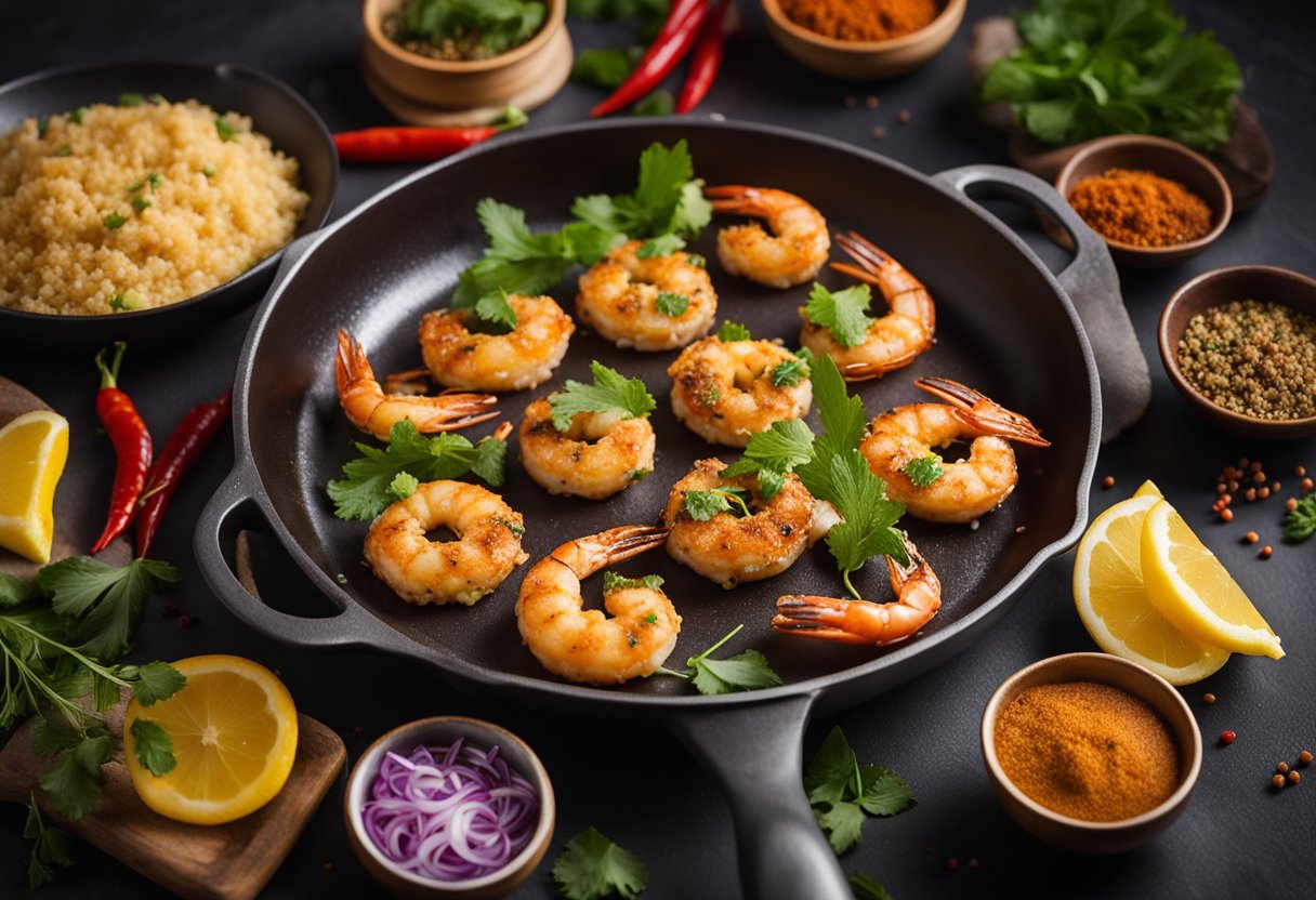 Five spice prawn fritters sizzling in a hot pan, surrounded by a variety of colorful and aromatic spices, herbs, and ingredients for pairing