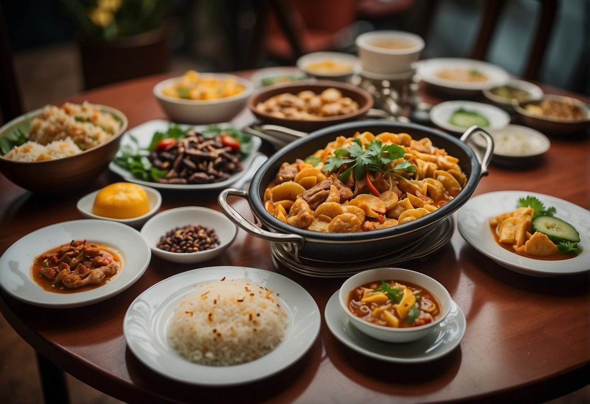 A table set with a variety of Western dishes, surrounded by vibrant Singaporean decor, with a sign promoting the best of Western delights in Singapore
