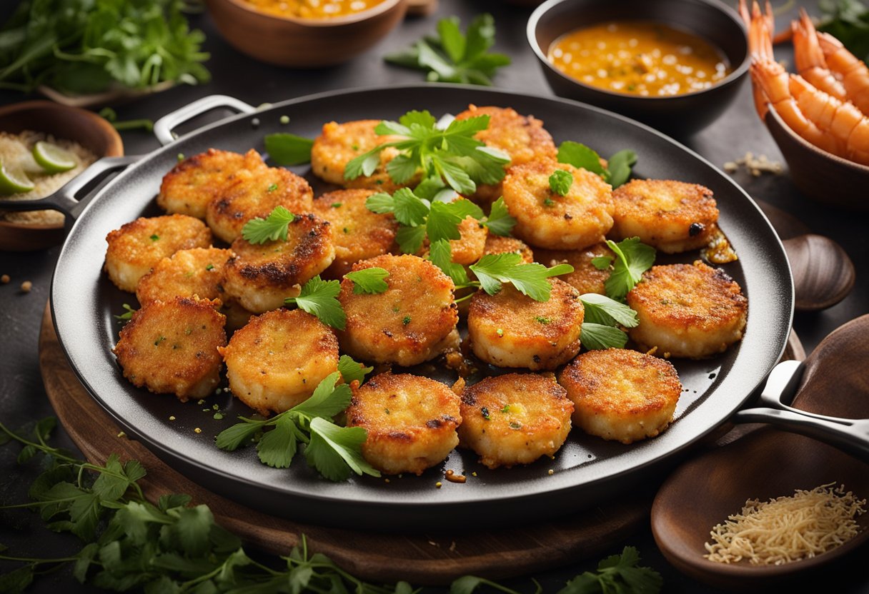 A sizzling pan with golden brown prawn fritters, surrounded by vibrant spices and herbs. A recipe book open to the "Frequently Asked Questions" page