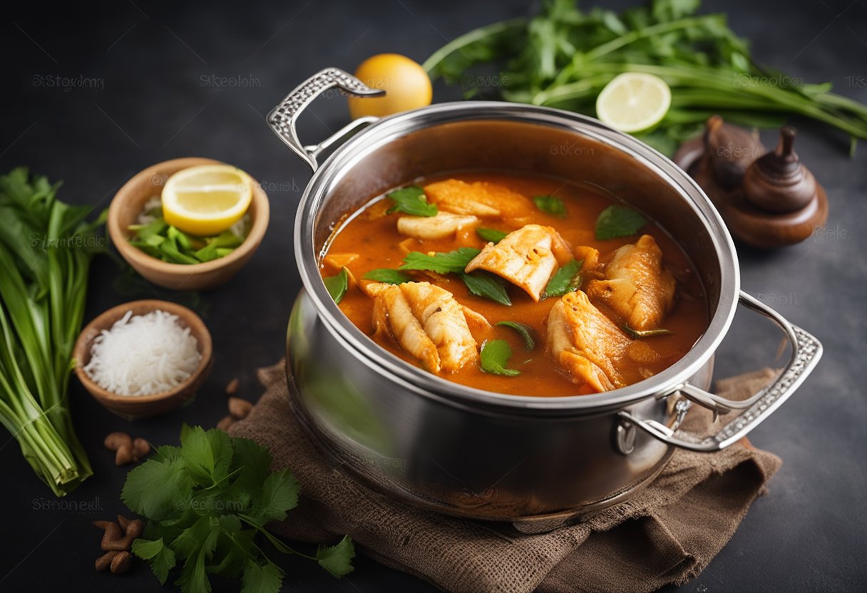 A steaming pot of Asam Pedas fish stew with essential ingredients like tamarind, chili, and lemongrass, simmering over a hot stove