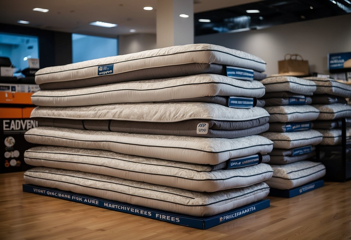 A stack of Vono mattresses with promotional signs in a Singapore showroom
