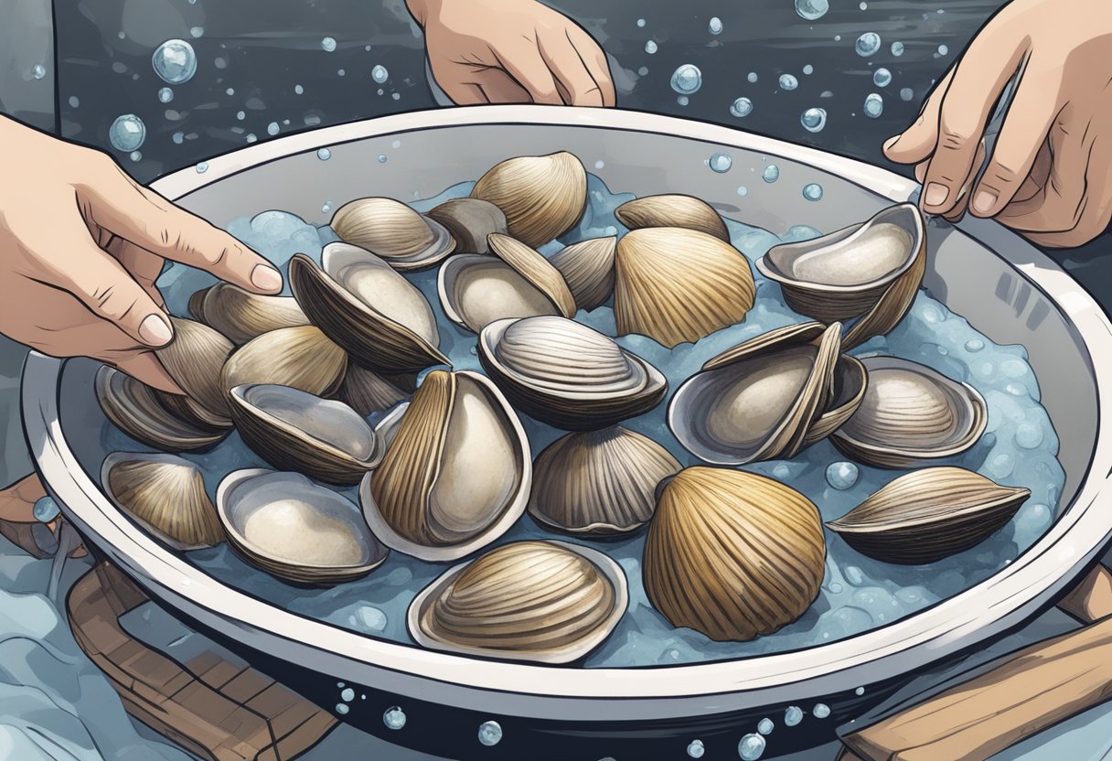 Clams being scrubbed and rinsed in cold water before freezing