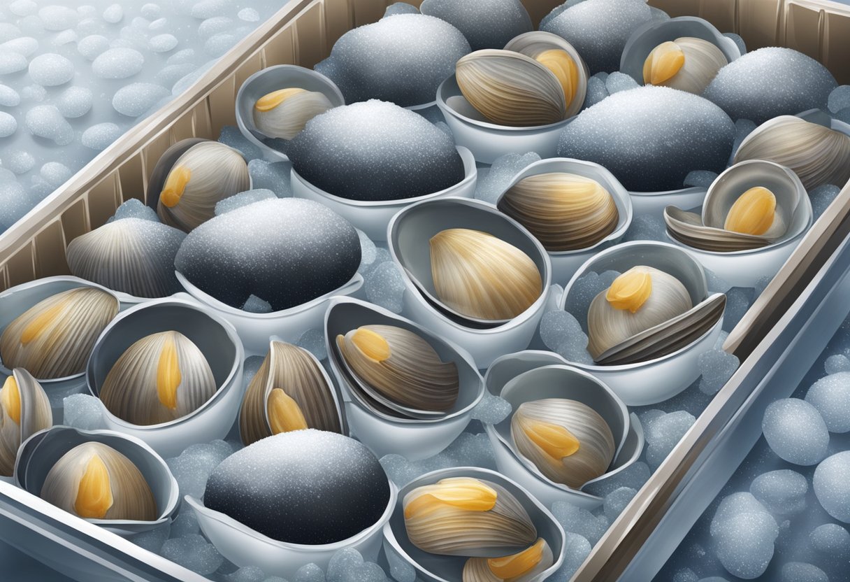 Clams being placed in a freezer, surrounded by frost