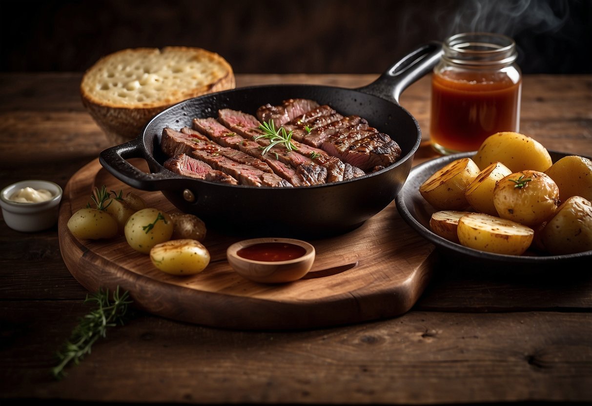 A sizzling skillet of steak and potatoes sits atop a rustic wooden table, surrounded by jars of homemade BBQ sauce and a cowboy hat