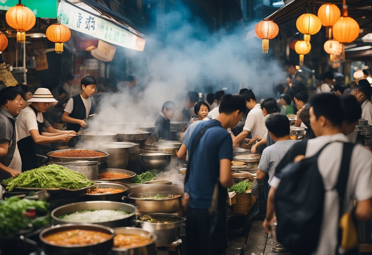 A bustling street market with colorful stalls and steam rising from large pots of Teochew fish soup. Customers line up eagerly while the aroma of herbs and spices fills the air