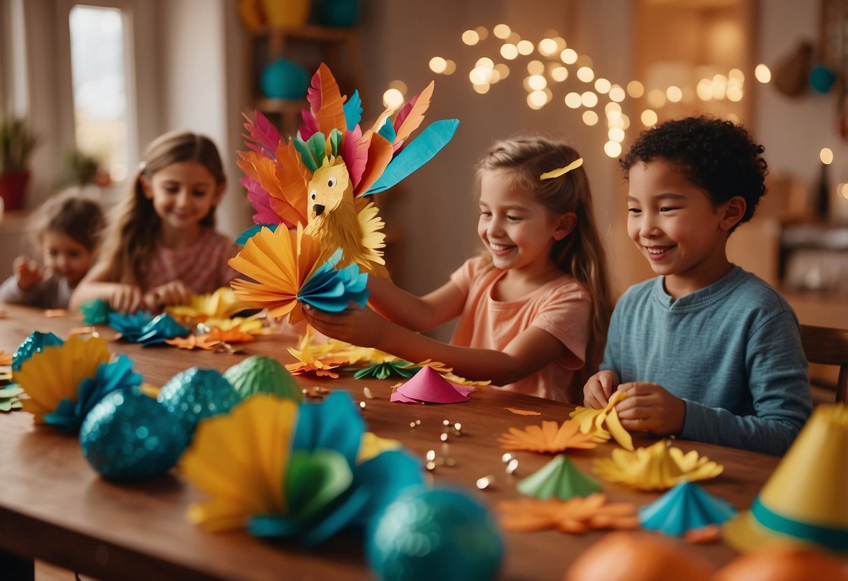 Children crafting paper turkeys, cornucopias, and pilgrim hats. Tables covered in colorful construction paper, glue, and glitter. Laughter and chatter fill the room