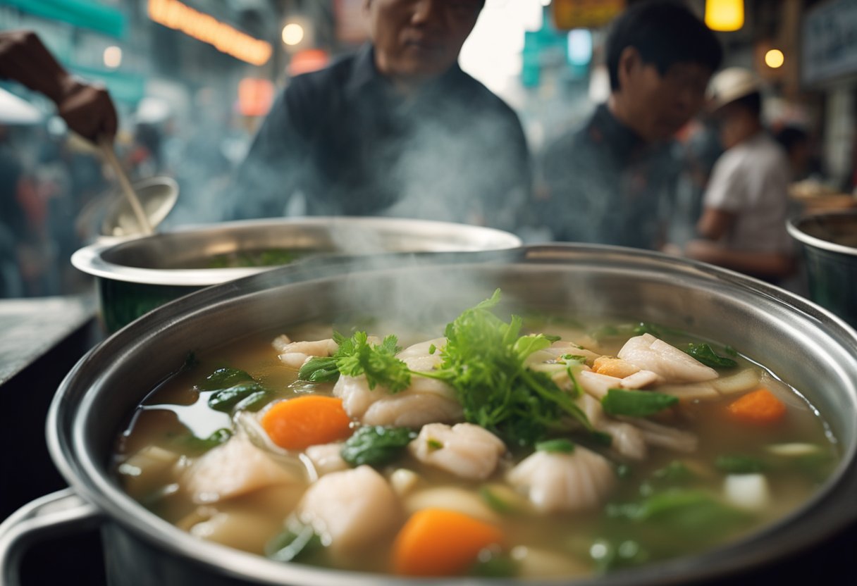 A steaming pot of Teochew fish soup with fresh ingredients on a bustling street. The aroma of herbs and spices fills the air