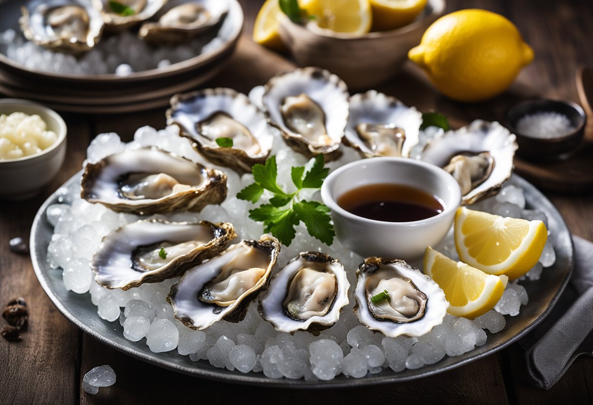 A platter of fine de claire oysters sits on a bed of ice, their shells glistening in the soft light, surrounded by lemon wedges and a small dish of mignonette sauce