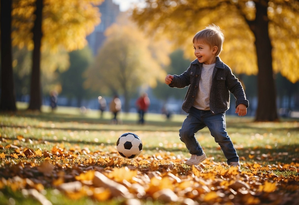 Children playing football, tossing a frisbee, and having a picnic in a sunny park with colorful fall leaves