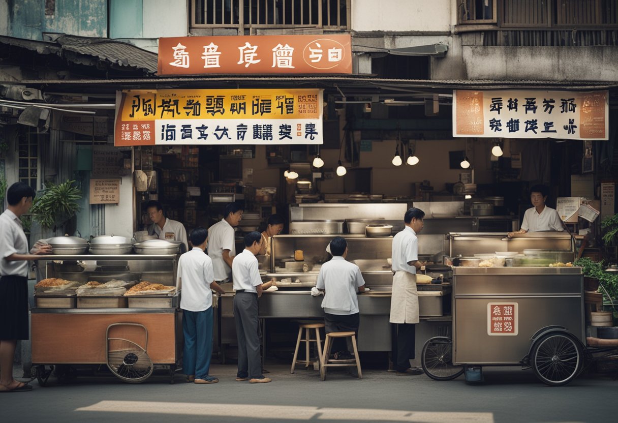 A bustling street scene with a prominent sign for "Frequently Asked Questions" and a bustling Teochew fish soup stall