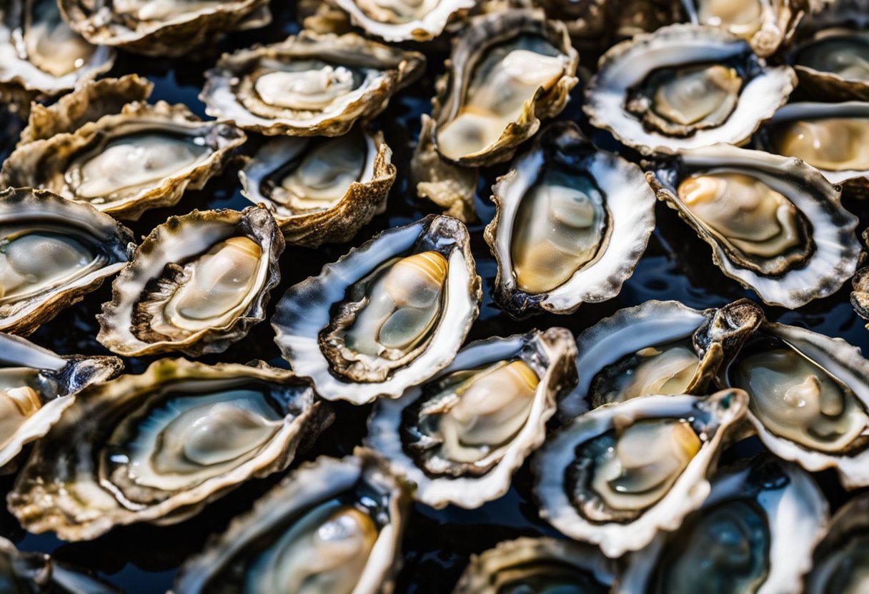 Fine de claire oysters are harvested from the clear waters of the Marennes-Oléron basin in France. The oysters are carefully cultivated in shallow beds, where they feed on nutrient-rich plankton, resulting in their distinctive flavor and pl