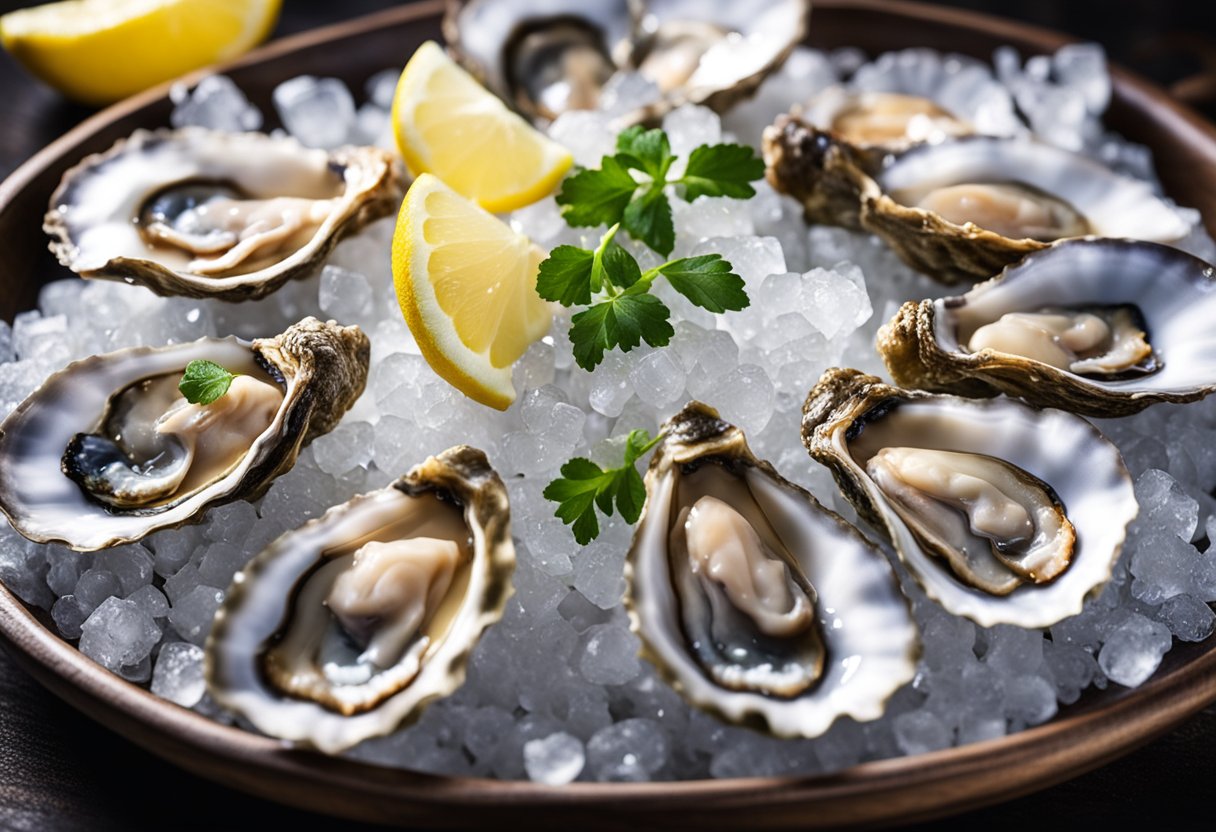 A platter of fine de claire oysters, arranged in pairs, glistening with briny seawater, surrounded by crushed ice and lemon wedges