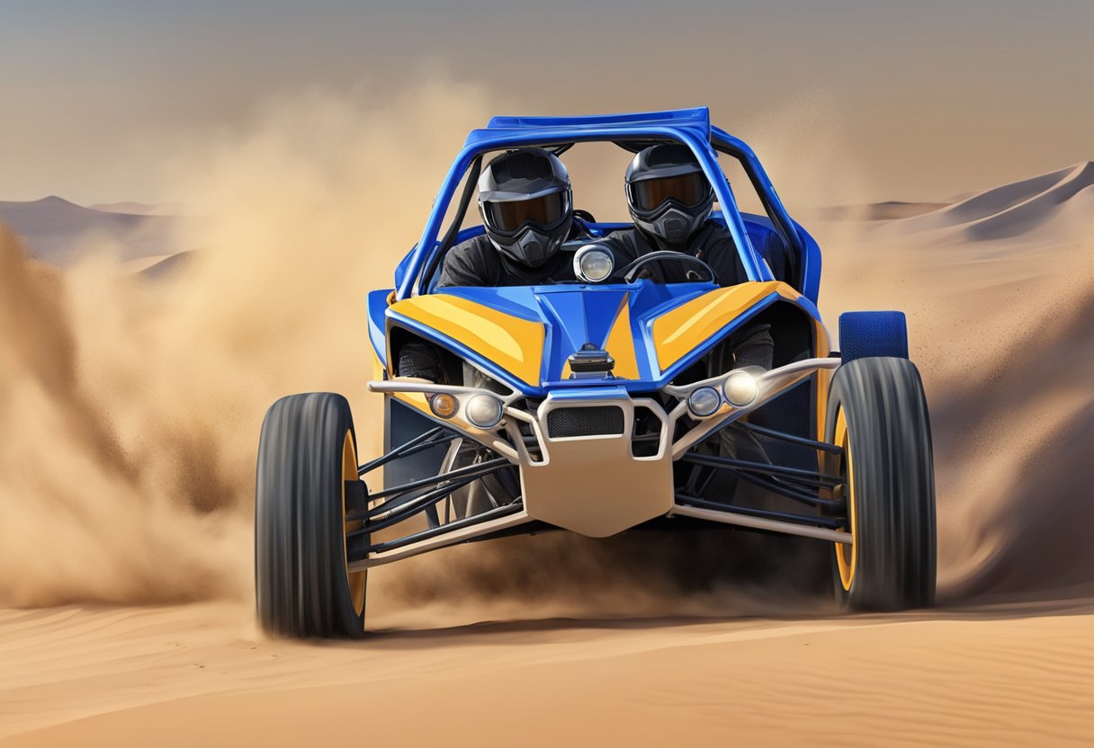 A Razor dune buggy zooms across the desert at high speed. Sand kicks up behind it as it races along the rugged terrain