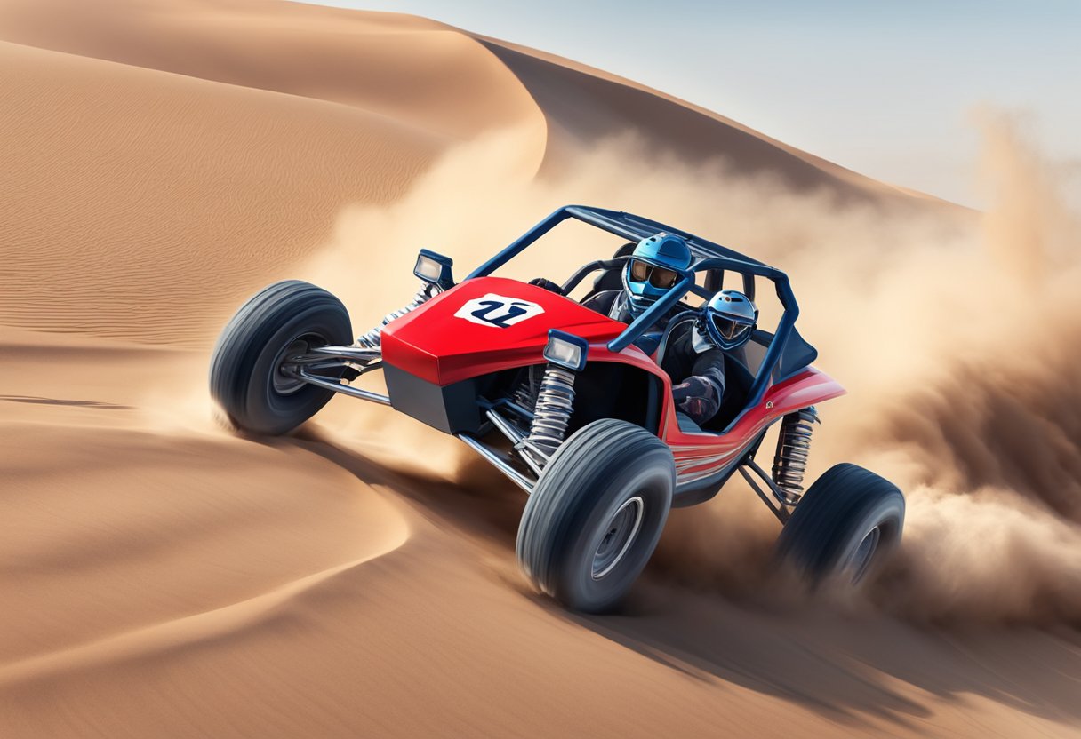 A red Razor Dune Buggy speeds across a sandy desert, kicking up clouds of dust as it zooms along at top speed