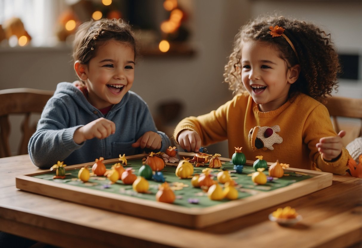 Kids playing Thanksgiving games and puzzles, surrounded by festive decorations and autumn-themed props. Laughter and excitement fill the room as they engage in the fun activities