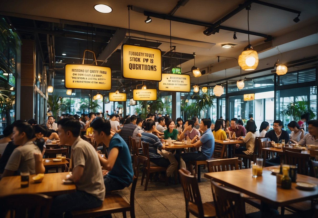 A crowded restaurant with a sign promoting "Frequently Asked Questions" about Western food in Singapore. Tables filled with diverse customers enjoying their meals