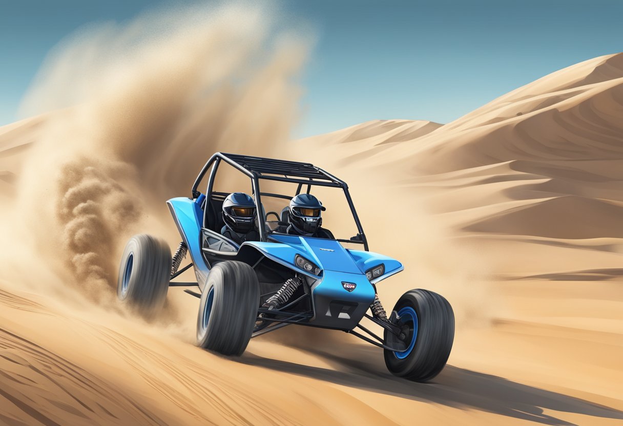 The razor dune buggy zooms across the sandy terrain, kicking up clouds of dust as it reaches top speed