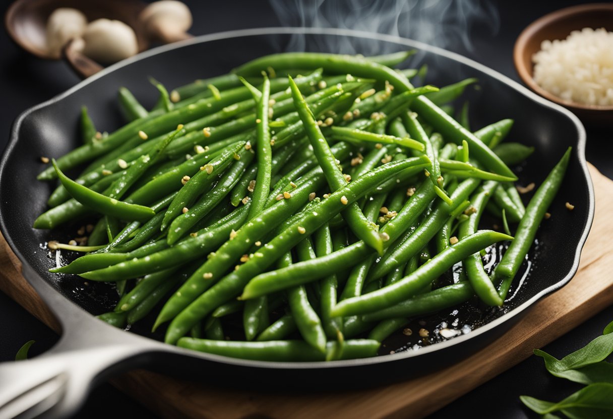 Fresh green French beans glistening with savory oyster sauce in a sizzling pan