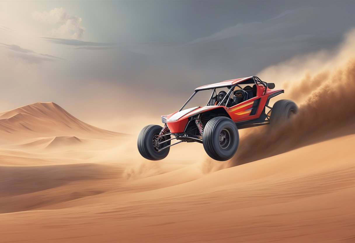 A red Razor dune buggy speeds across a sandy desert, kicking up clouds of dust as it races towards the horizon