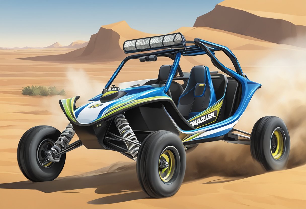 The Razor dune buggy speeds across the desert, showcasing its safety features in action