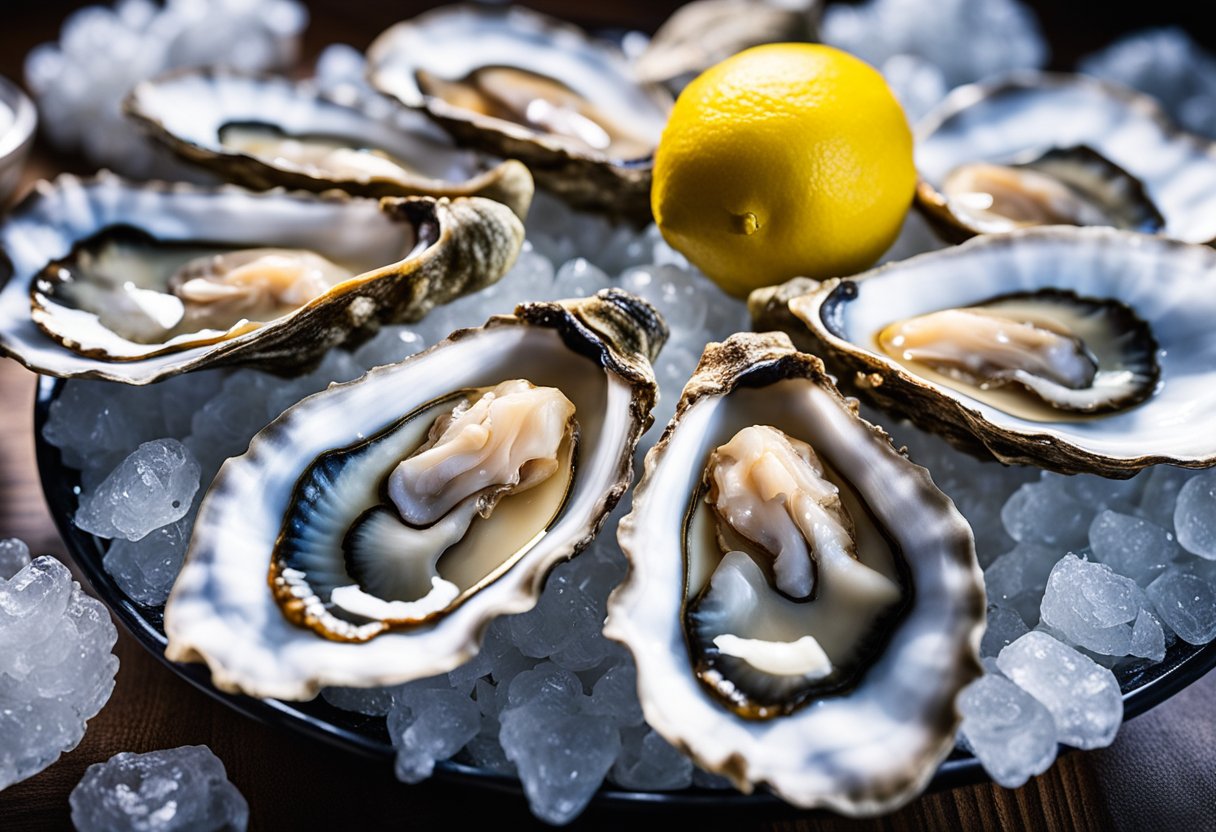 A platter of fine de claire oysters, neatly arranged on a bed of ice, with a lemon wedge and small fork nearby