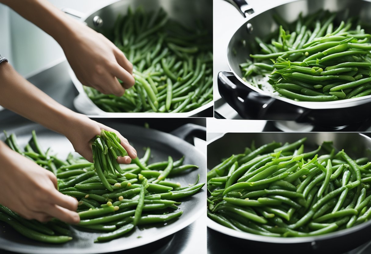 French beans are being washed and trimmed. They are then sautéed in a pan with oyster sauce, creating a savory and aromatic dish