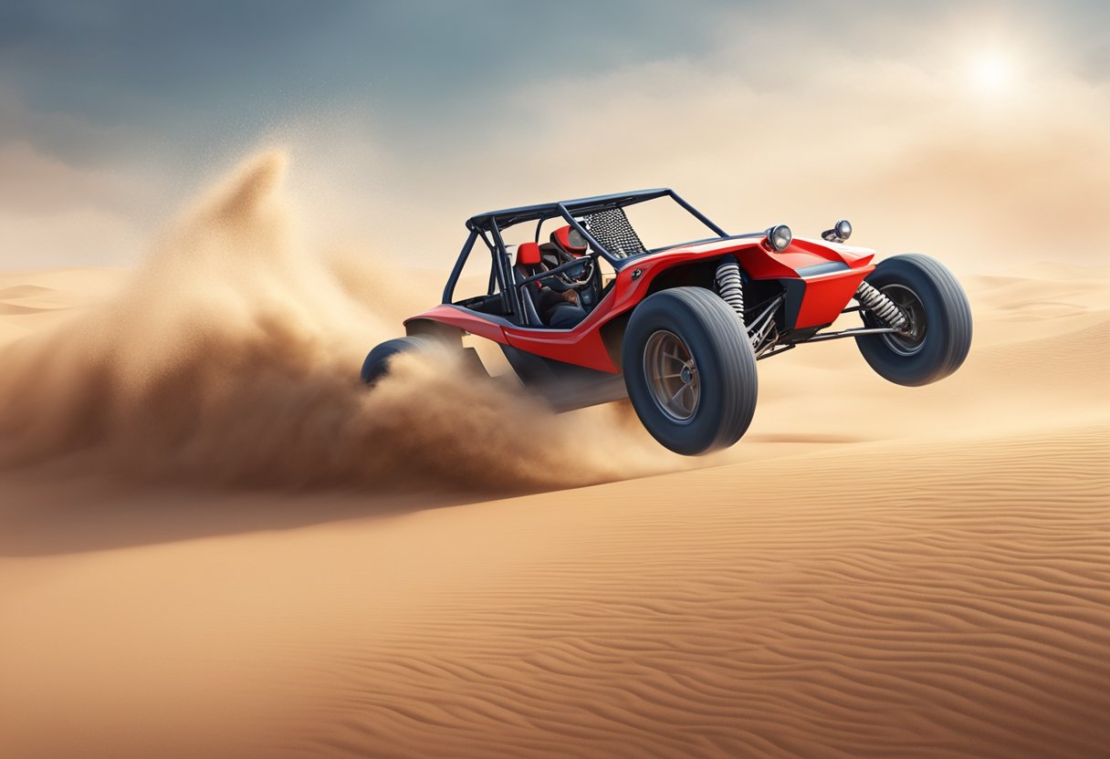 A red Razor Dune Buggy speeds across a dusty desert track, kicking up clouds of sand as it races towards the horizon