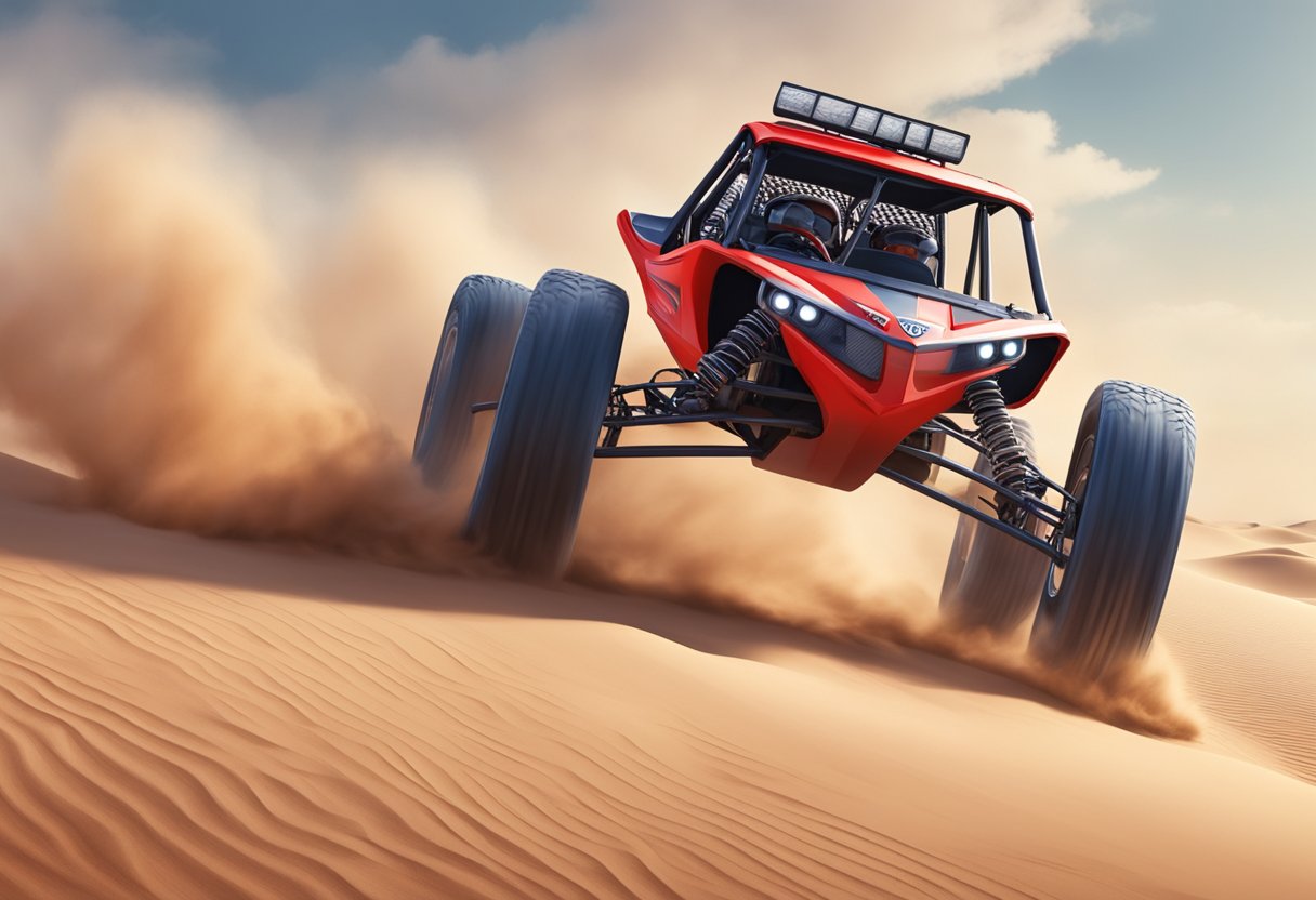 A red Razor Dune Buggy speeds across a sandy desert, kicking up clouds of dust as it races towards the horizon