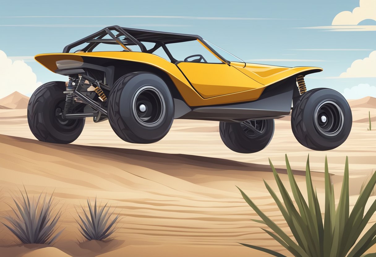 A dune buggy sits on a scale, showing its weight. Sand dunes and desert landscape surround it