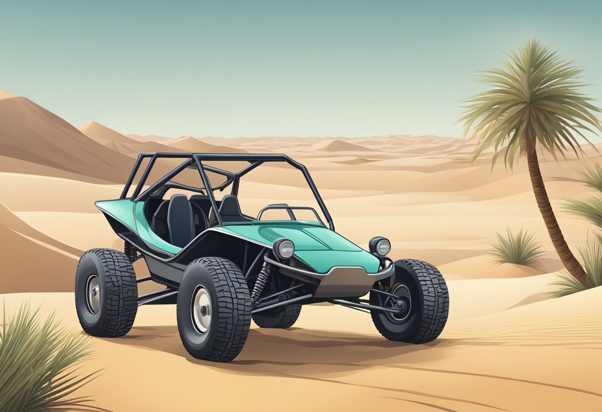 A dune buggy sits on a scale, showing its weight. Sand dunes and desert landscape in the background