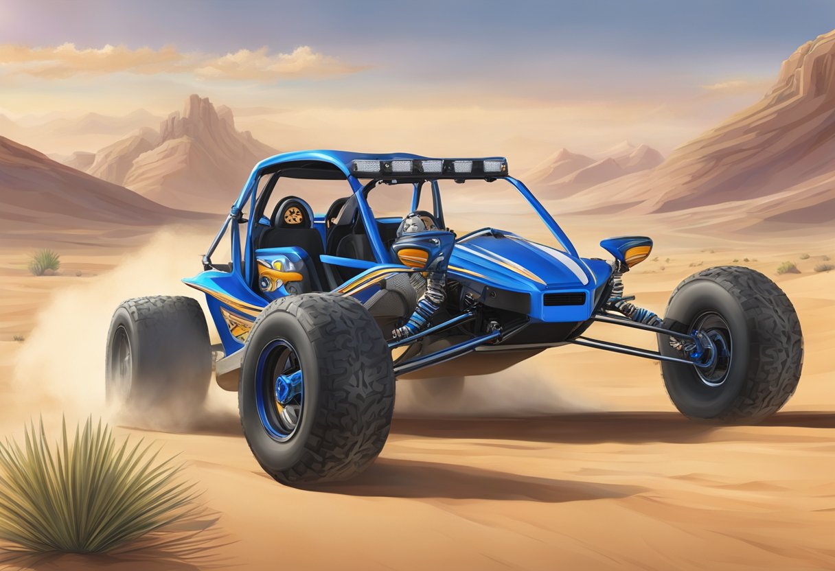 The razor dune buggy speeds across the desert, adorned with custom accessories and modifications, reaching top speeds of 12 mph