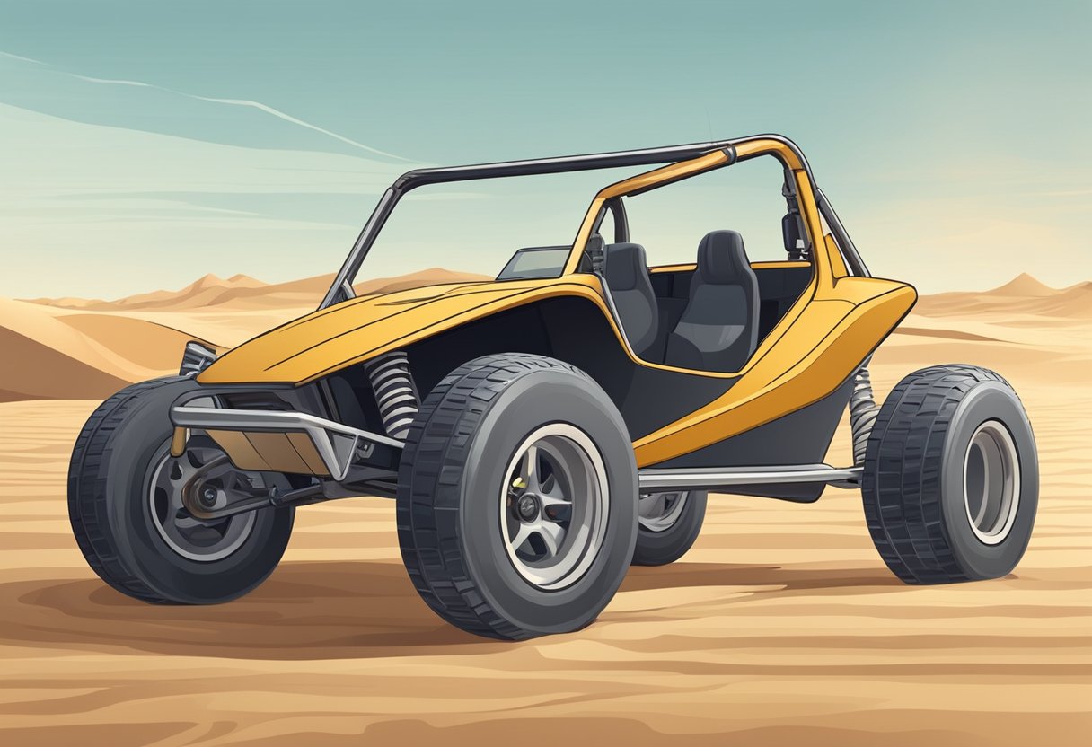 A dune buggy sits on a scale, its weight varying depending on its type. Sand dunes and desert landscape in the background