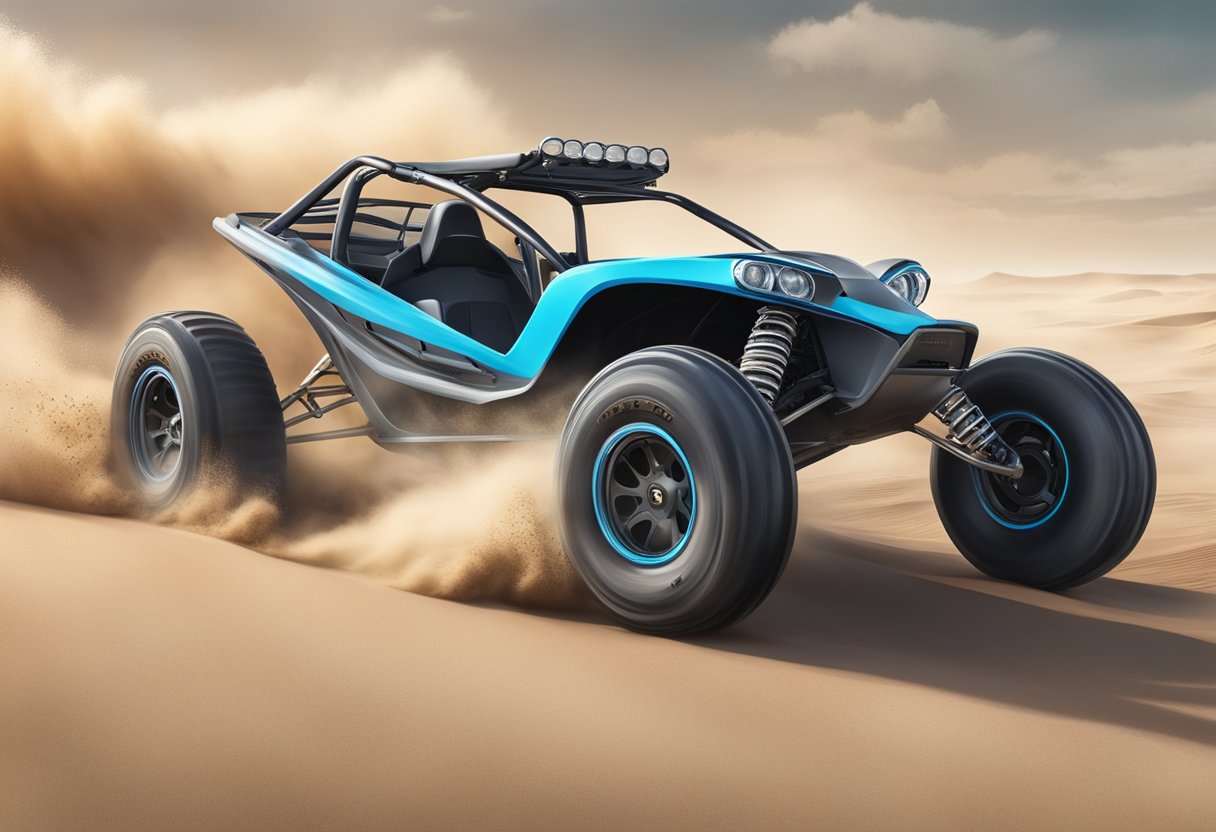 The Razor Dune Buggy speeds across the sandy terrain, kicking up clouds of dust as it reaches its maximum speed