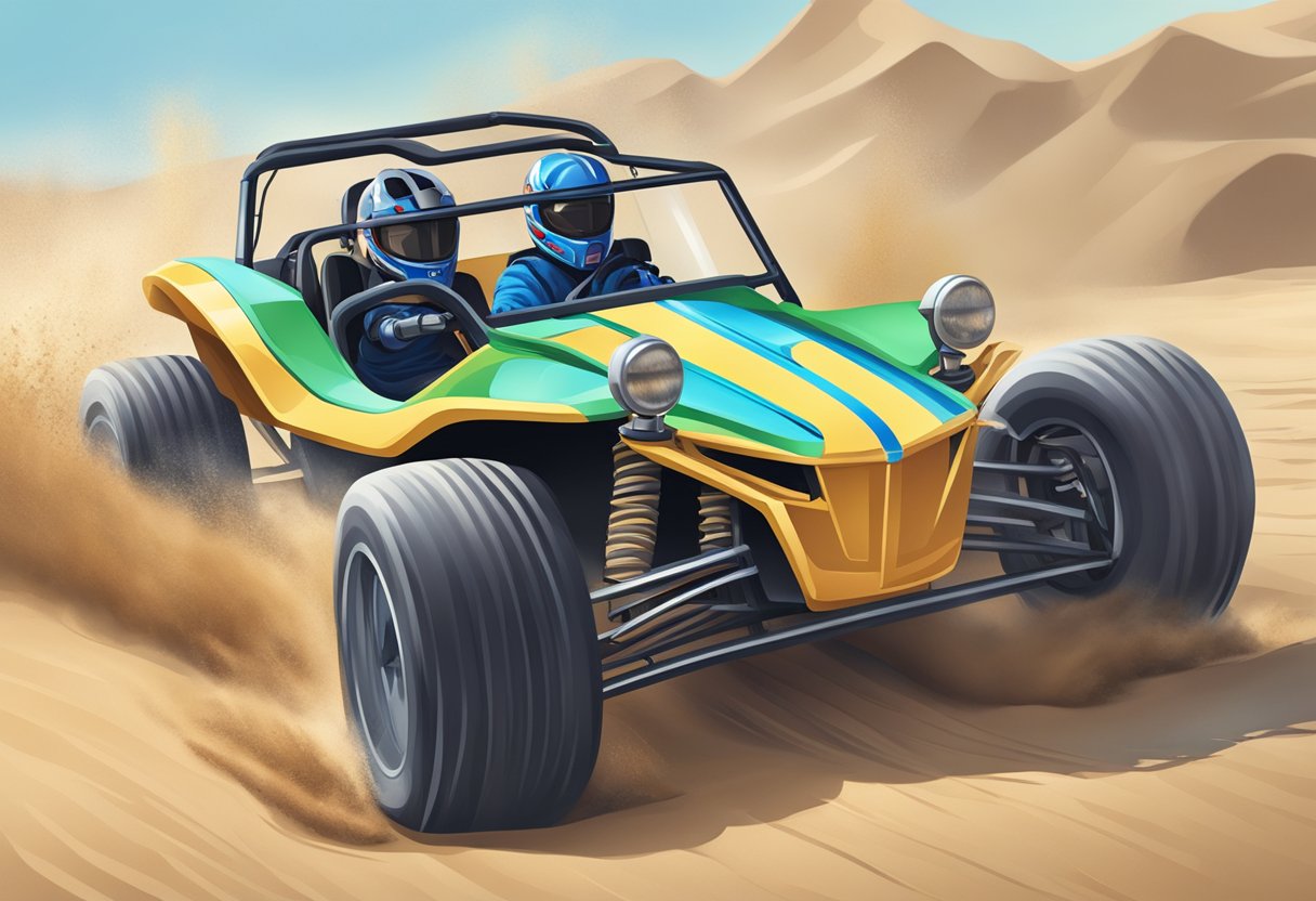 A dune buggy races over sand, its weight impacting performance