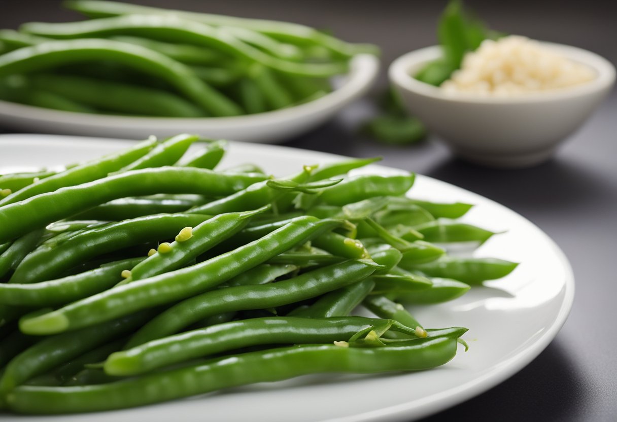 Fresh green French beans coated in glossy oyster sauce, with a hint of garlic and soy, arranged on a pristine white plate
