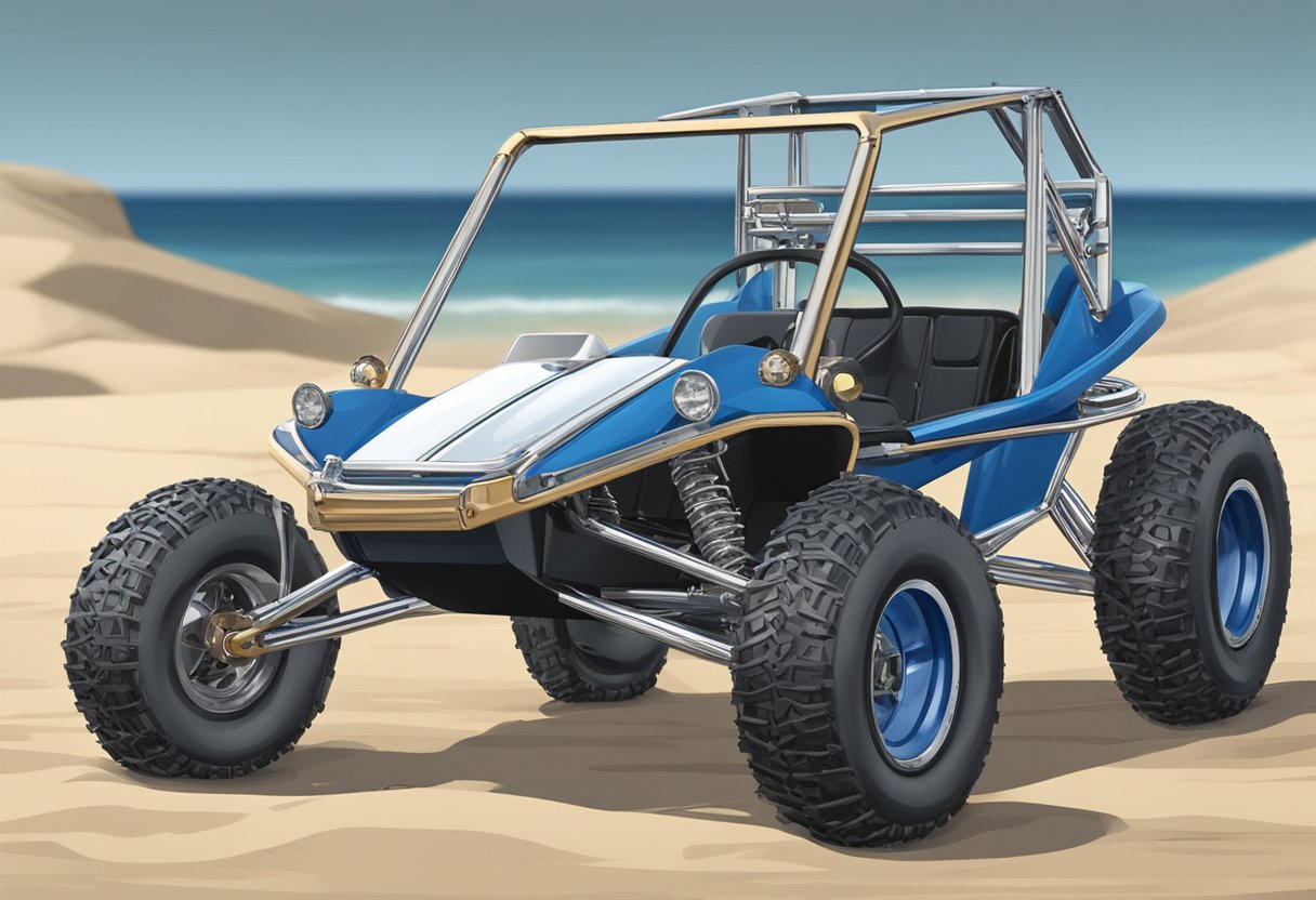 A dune buggy sits on a sandy beach, its lightweight frame made of aluminum and steel. The tires are large and knobby, ready to tackle the rough terrain. The buggy weighs around 800-1200 pounds