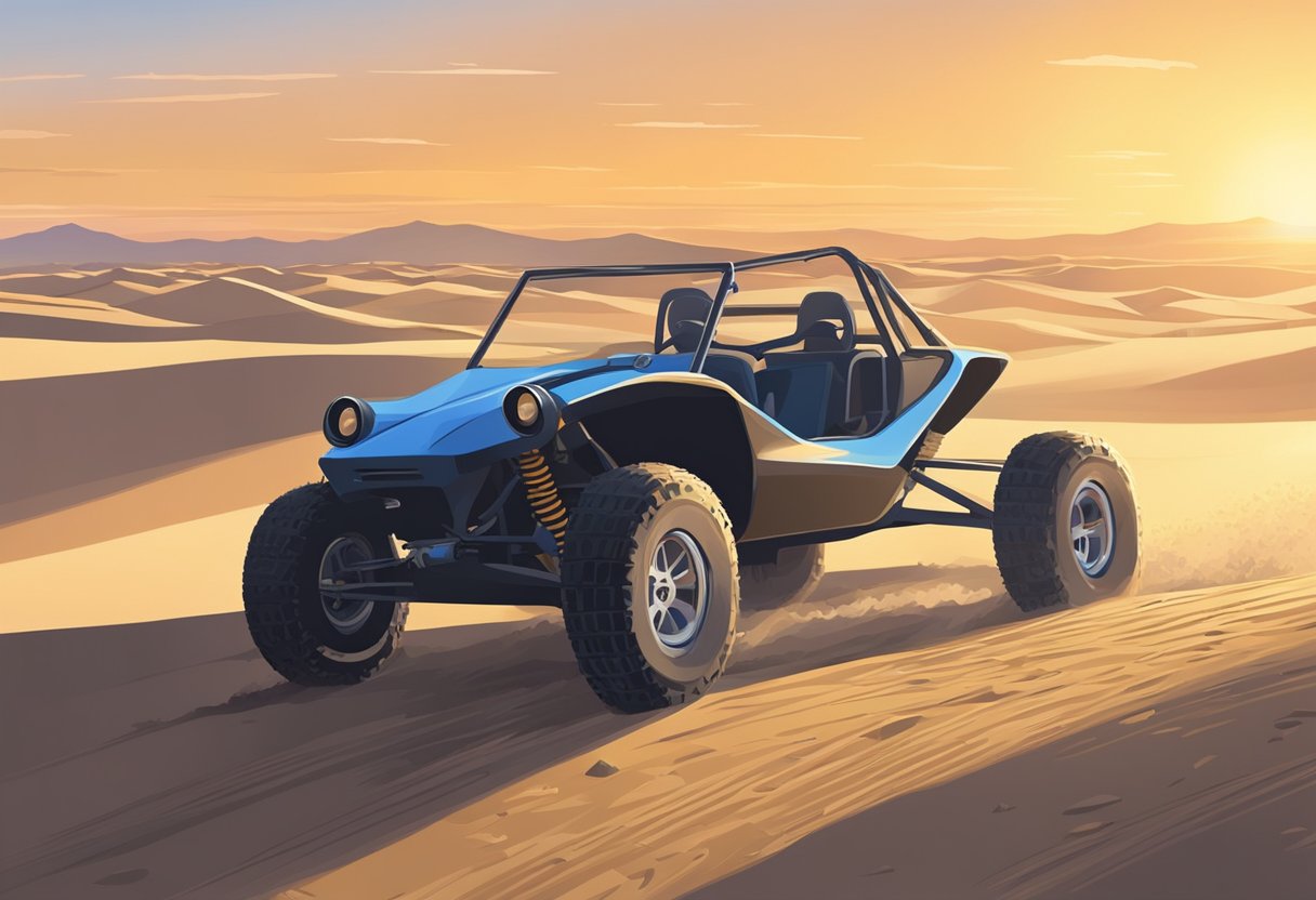 A dune buggy sits on a scale, numbers ticking upwards as weight is added and subtracted. The sun beats down, casting harsh shadows on the sandy ground