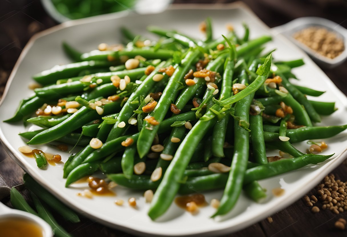 Fresh green French beans stir-fried in savory oyster sauce, glistening in the light, surrounded by vibrant herbs and spices