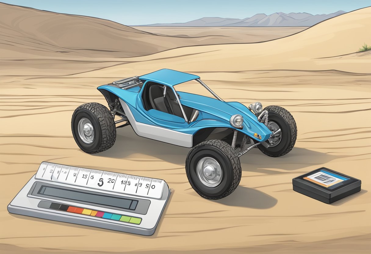 A dune buggy sits on a scale, its weight displayed. A ruler measures its dimensions nearby