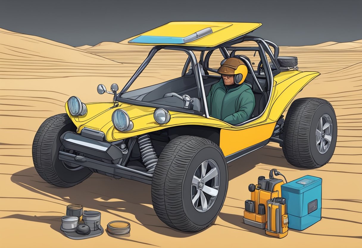 A dune buggy sits on a scale, its weight fluctuating as maintenance workers adjust the vehicle's components