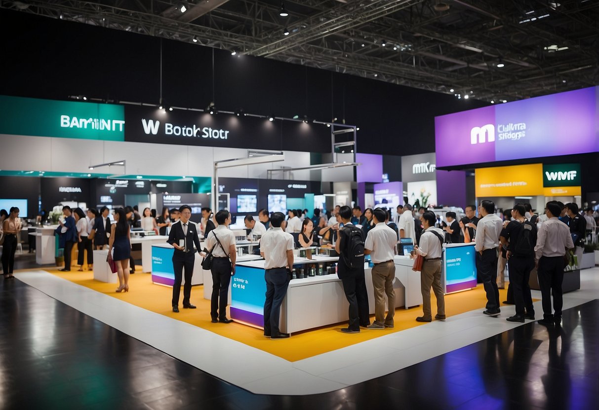 A bustling trade show with colorful displays of WMF products and enthusiastic staff engaging with customers in Singapore