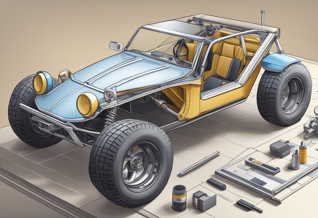 A dune buggy being constructed in a workshop, with tools, materials, and a blueprint spread out on a workbench