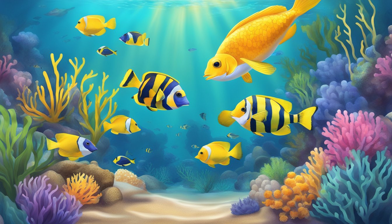 A colorful underwater scene with various types of fish swimming around a coral reef, with a group of baby chicks pecking at the sand near the water's edge