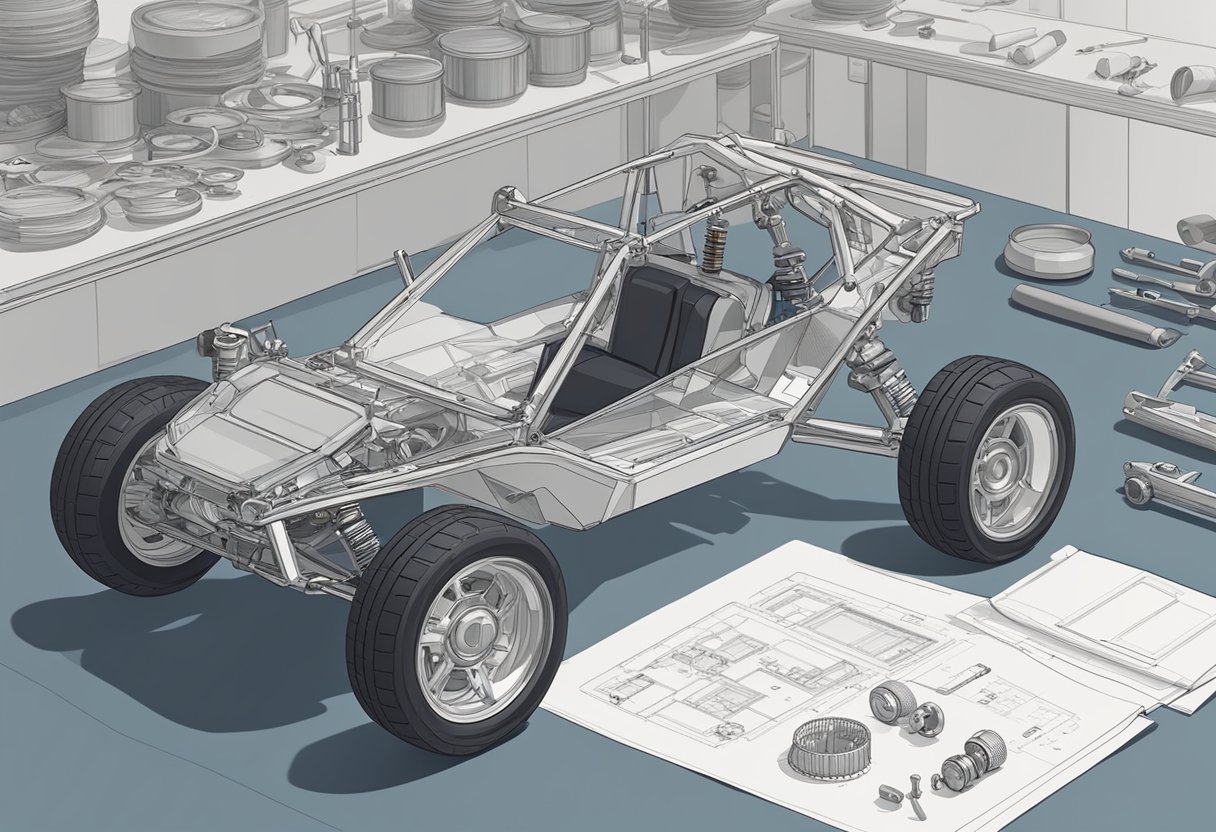 A dune buggy being assembled with various parts and tools scattered around the workshop. A blueprint and cost estimate visible on a nearby table