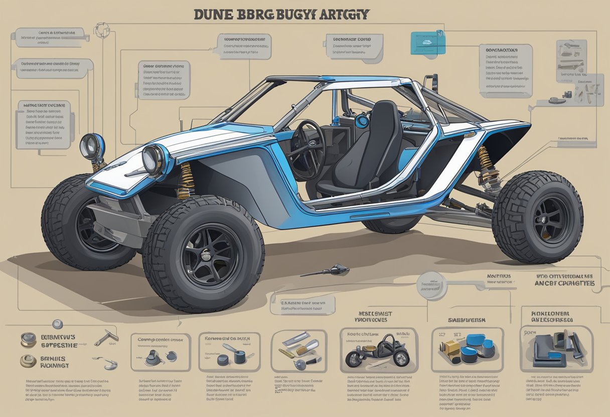 A dune buggy sits in a workshop surrounded by tools, parts, and a cost breakdown chart. The chart details the expenses involved in building the buggy