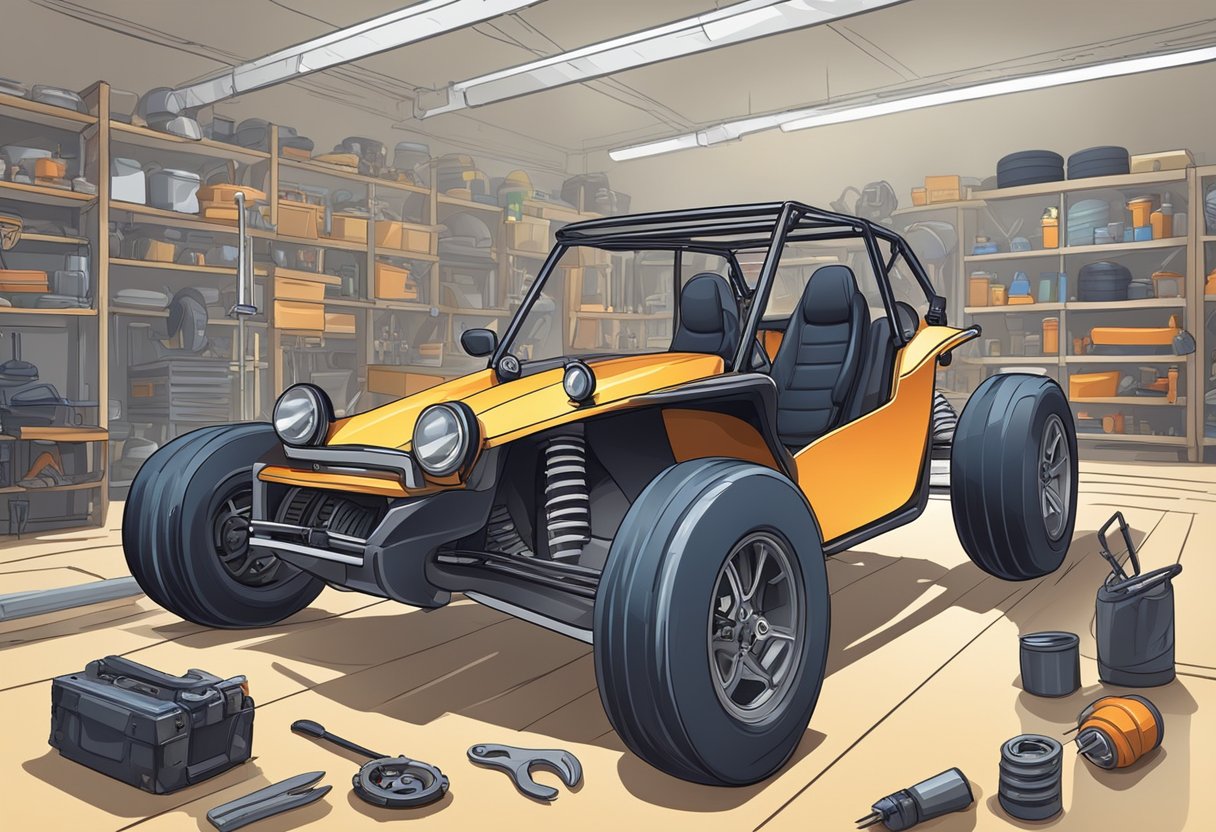 A DIY builder working on a dune buggy, surrounded by tools and parts. A professional shop with mechanics assembling a buggy with precision equipment