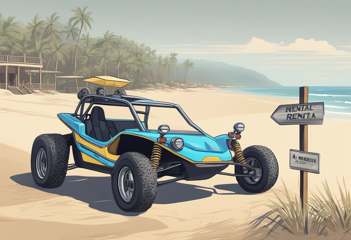 A dune buggy parked on a sandy beach, with a rental sign displayed and a price list posted nearby