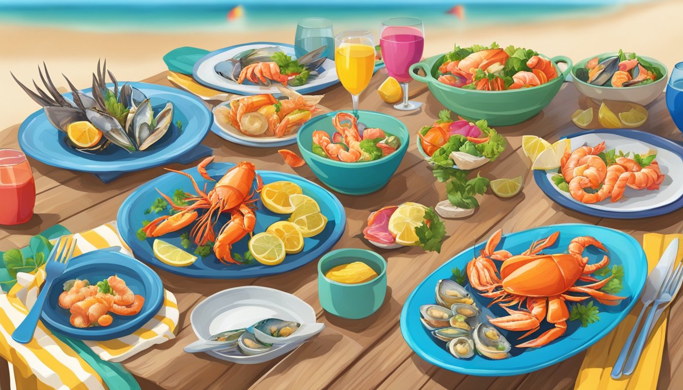 A table set with a variety of seafood dishes, surrounded by colorful chairs and a vibrant, beach-themed decor