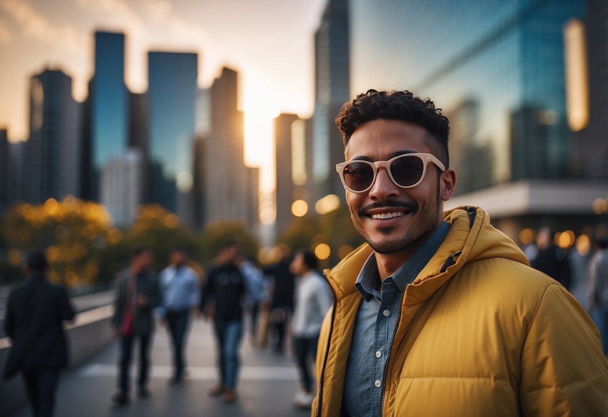 A vibrant city skyline with diverse individuals wearing stylish eyewear, enjoying the bright, clear vision provided by Hoya lenses