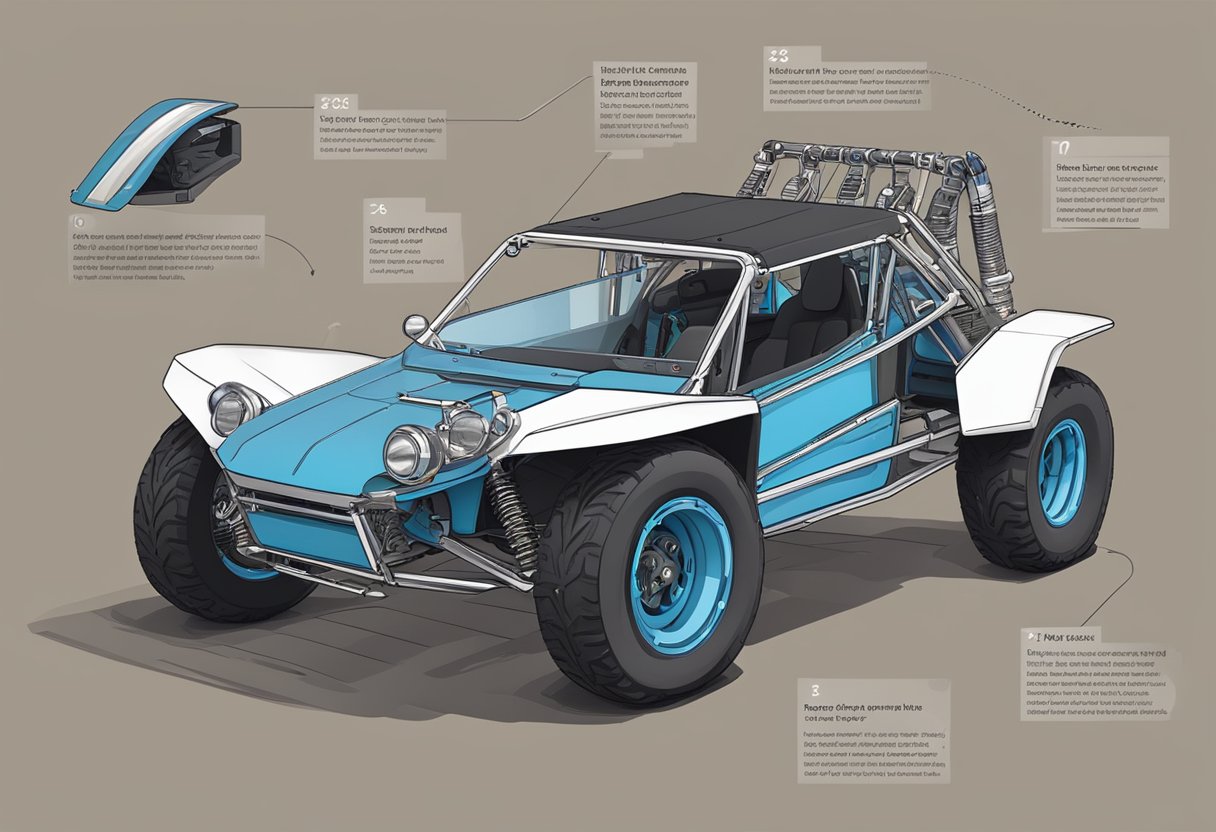 A dune buggy being constructed with a list of additional expenses displayed next to it. Tools, parts, and materials scattered around the work area